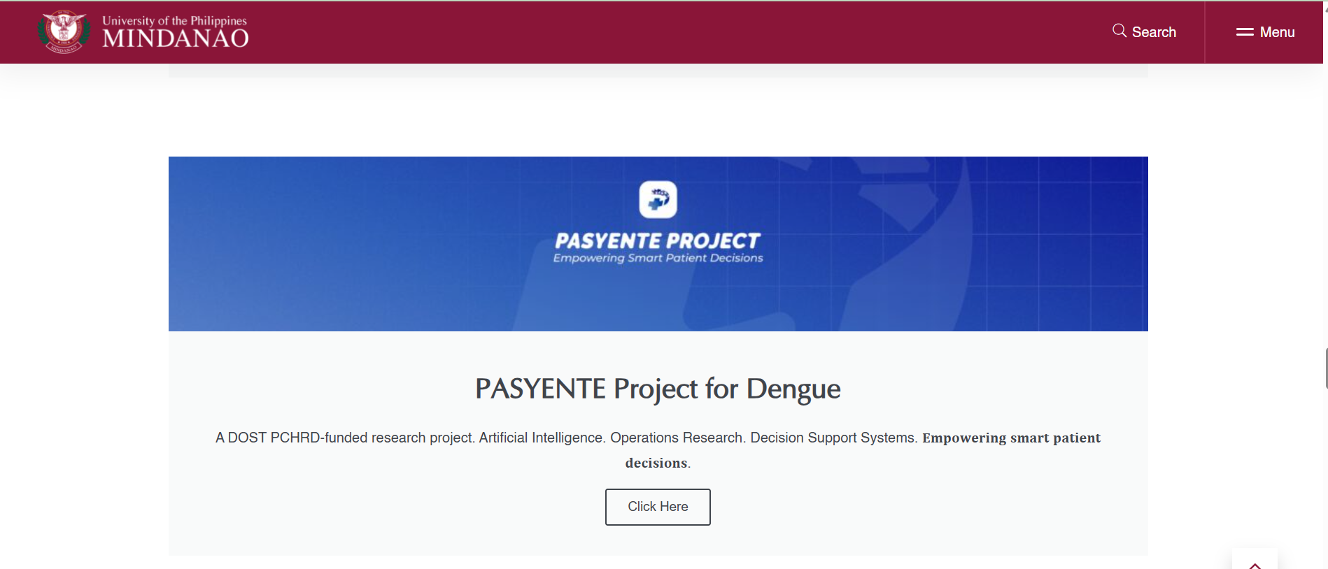 UP Mindanao PASYENTE Project for Dengue webpage screenshot