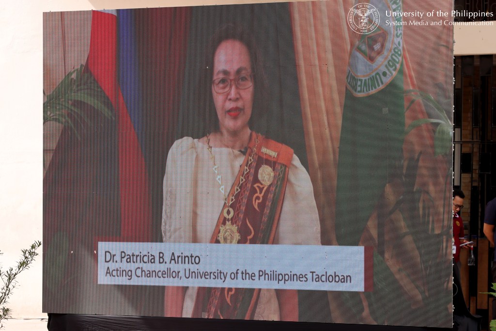 In video messages, the chief executives of UP’s nine constituent universities take turns in presenting achievements of UP and, in chorus, urged the institution to carry on. In this photo is Acting Chancellor Patricia Arinto of UP Tacloban, which was elevated as the university’s ninth CU by the Board of Regents, May 27.
Photo by Bong Arboleda , UPS-MCO.