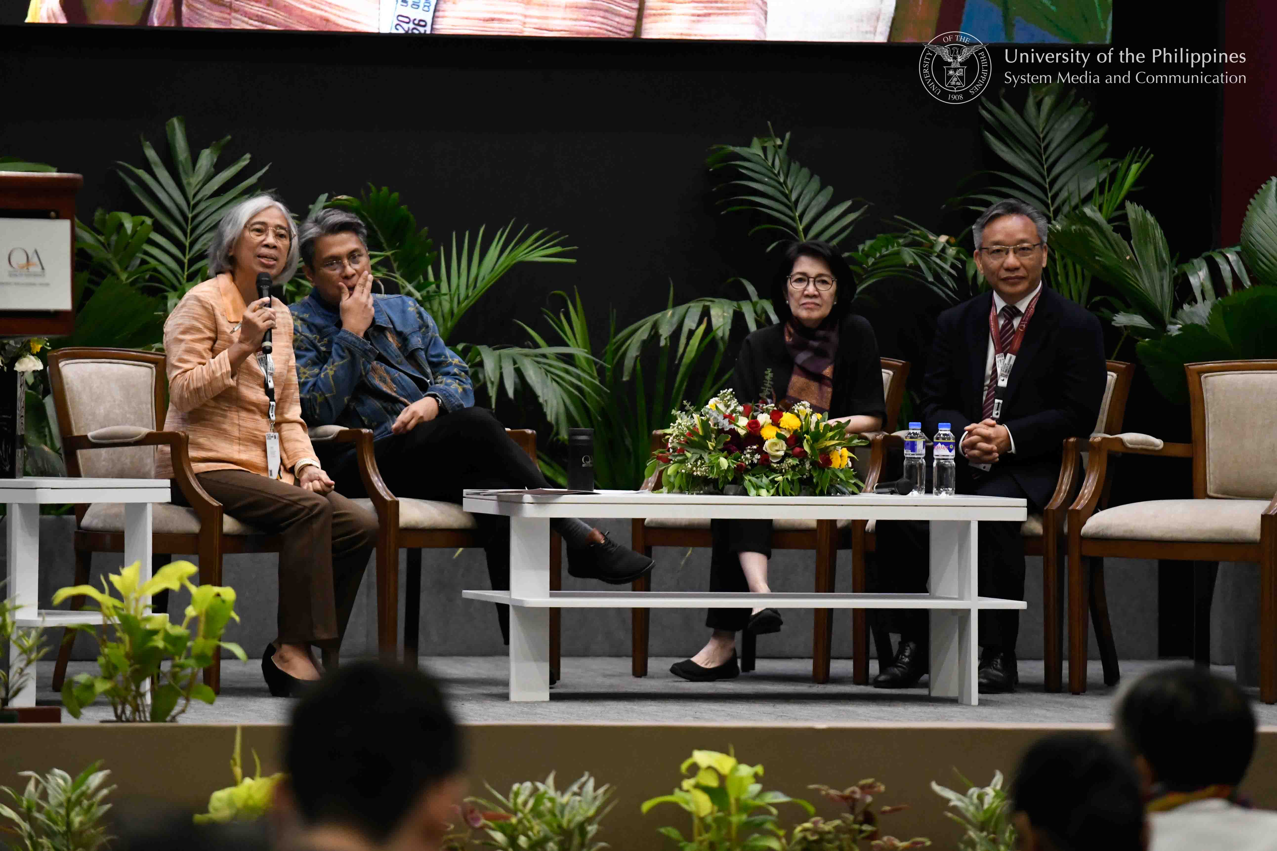 From left: UP Diliman Professor Emeritus Irene Villaseñor moderates the open forum following the plenary presentations of Roby Alampay of PLDT Inc. and PumaPodcast, Dr. Cynthia Rose Banzon-Bautista of the Philippine Qualification Framework National Coordinating Council, and Dr. Kenneth Leung of the Hong Kong University of Science and Technology. The second day of the UP System QA Conference featured the morning plenary theme, Future-Proofing Higher Education: The Socially-Responsible and -Relevant University.
Photo by Kevin Roque, UPS-MCO.