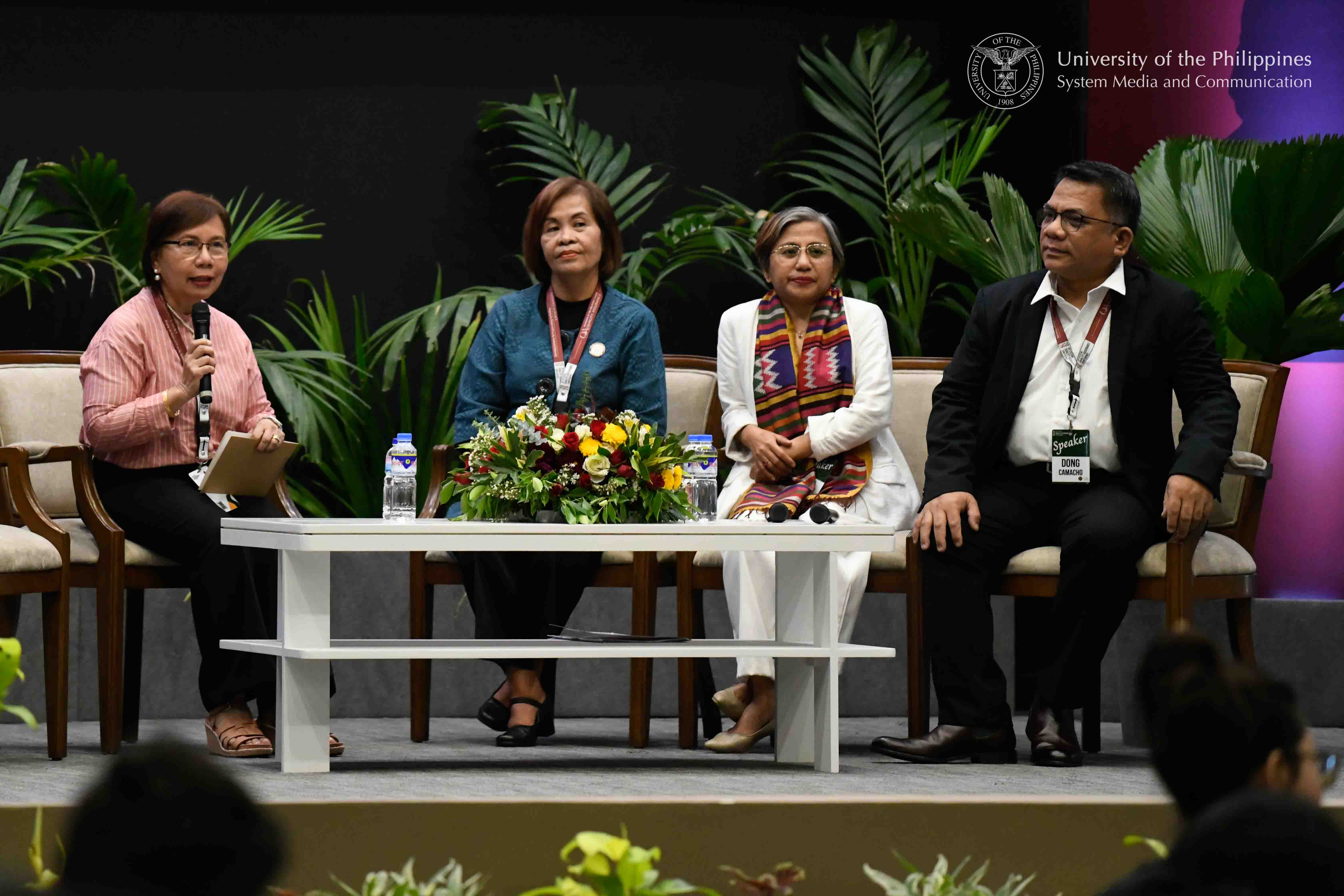 From left: UP Los Baños Professor Nina Cadiz moderates the open forum following presentations from UP Baguio, represented by former Chancellor Corazon Abansi; UP Mindanao, represented by Chancellor Lyre Anni Murao; and UPLB, represented by Chancellor Jose Camacho Jr. The presentations, held on the second day of the UP System QA Conference, June 9, focused on how the respective constituent universities accepted and implemented QA.
Photo by Kevin Roque, UPS-MCO.